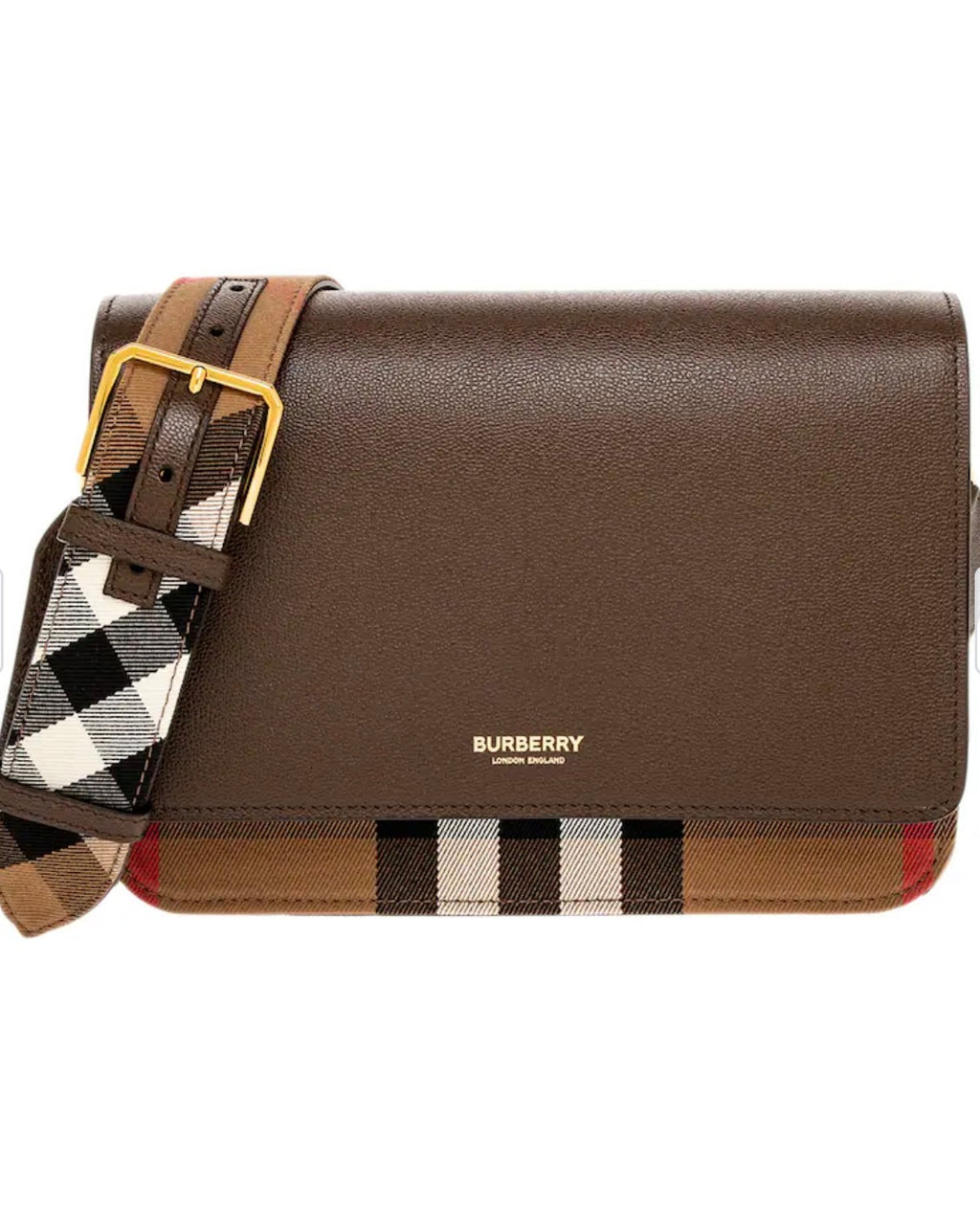 Authentic Burberry Leather Crossbody Bag with Check Strap – Brown