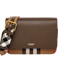Authentic Burberry Leather Crossbody Bag with Check Strap – Brown