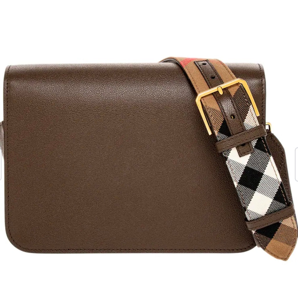 Authentic Burberry Leather Crossbody Bag with Check Strap – Brown