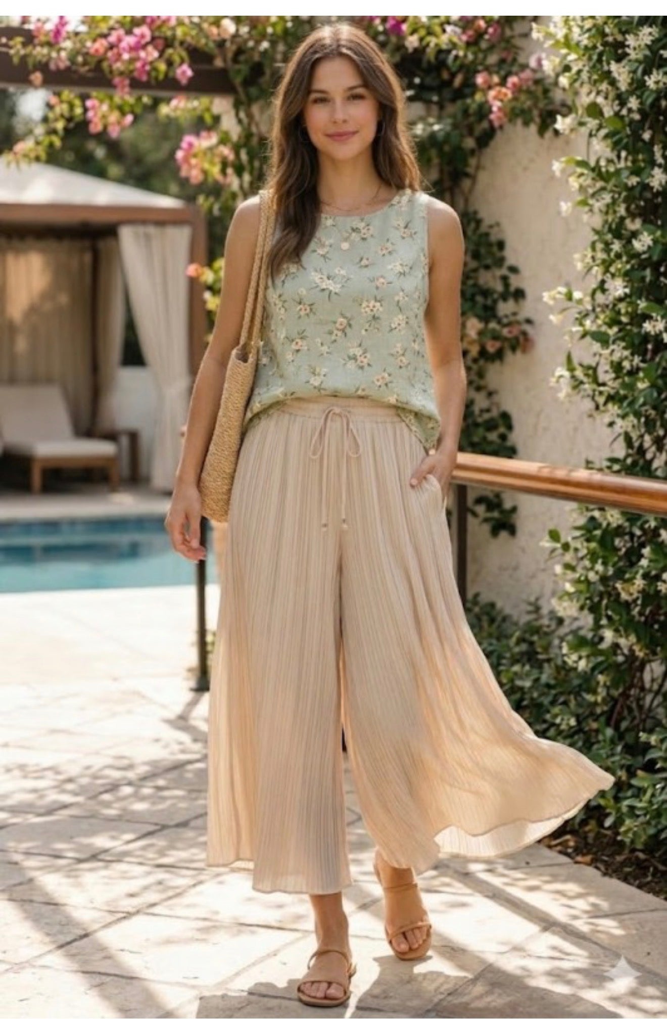 Cream Pleated Palazzo Pants