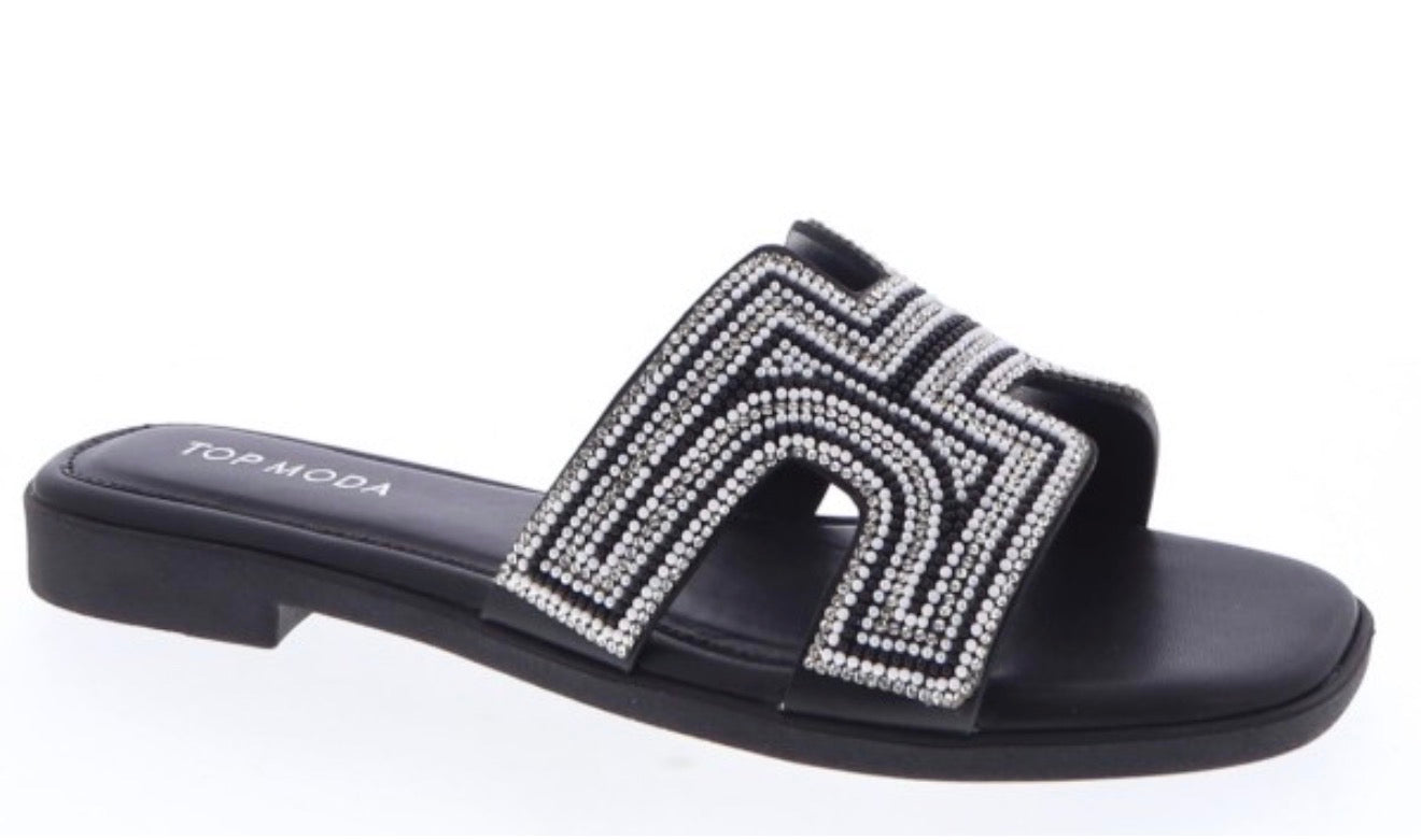 Rhinestone Detail Slide Sandals- Black