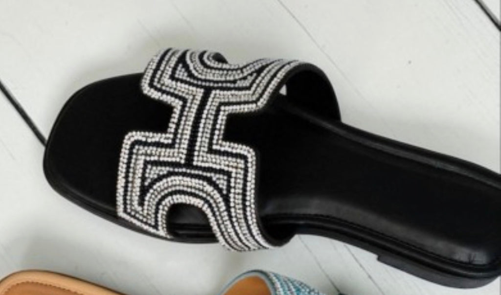 Rhinestone Detail Slide Sandals- Black
