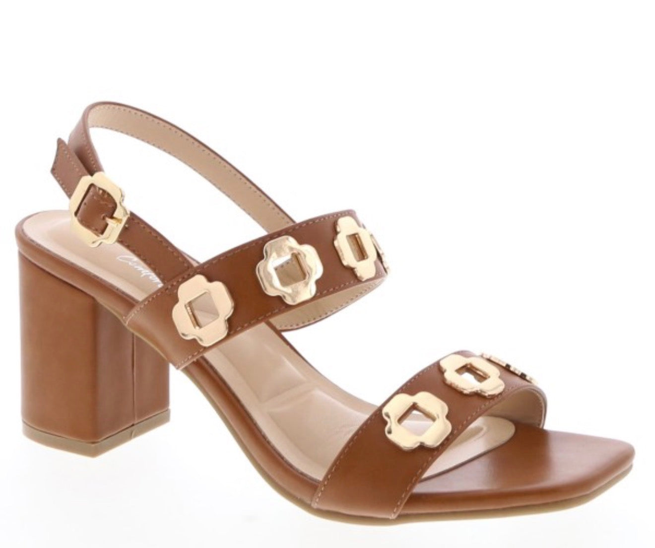 Golden Detail Block Heel Sandals- Tan