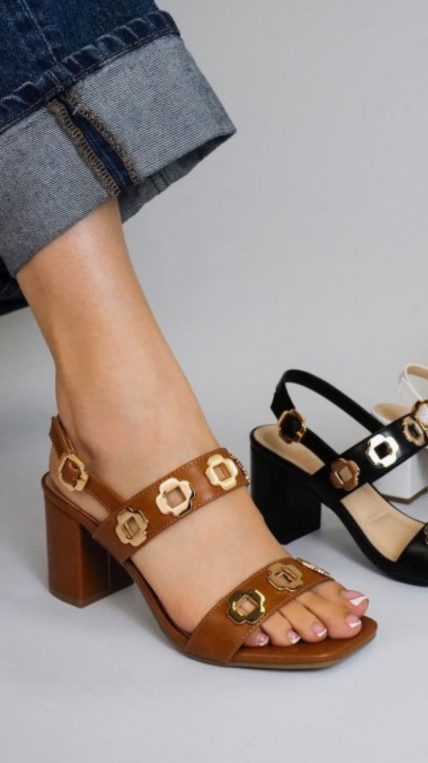 Golden Detail Block Heel Sandals- Tan