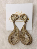 Gold Crystal Teardrop Swirl Statement Earrings