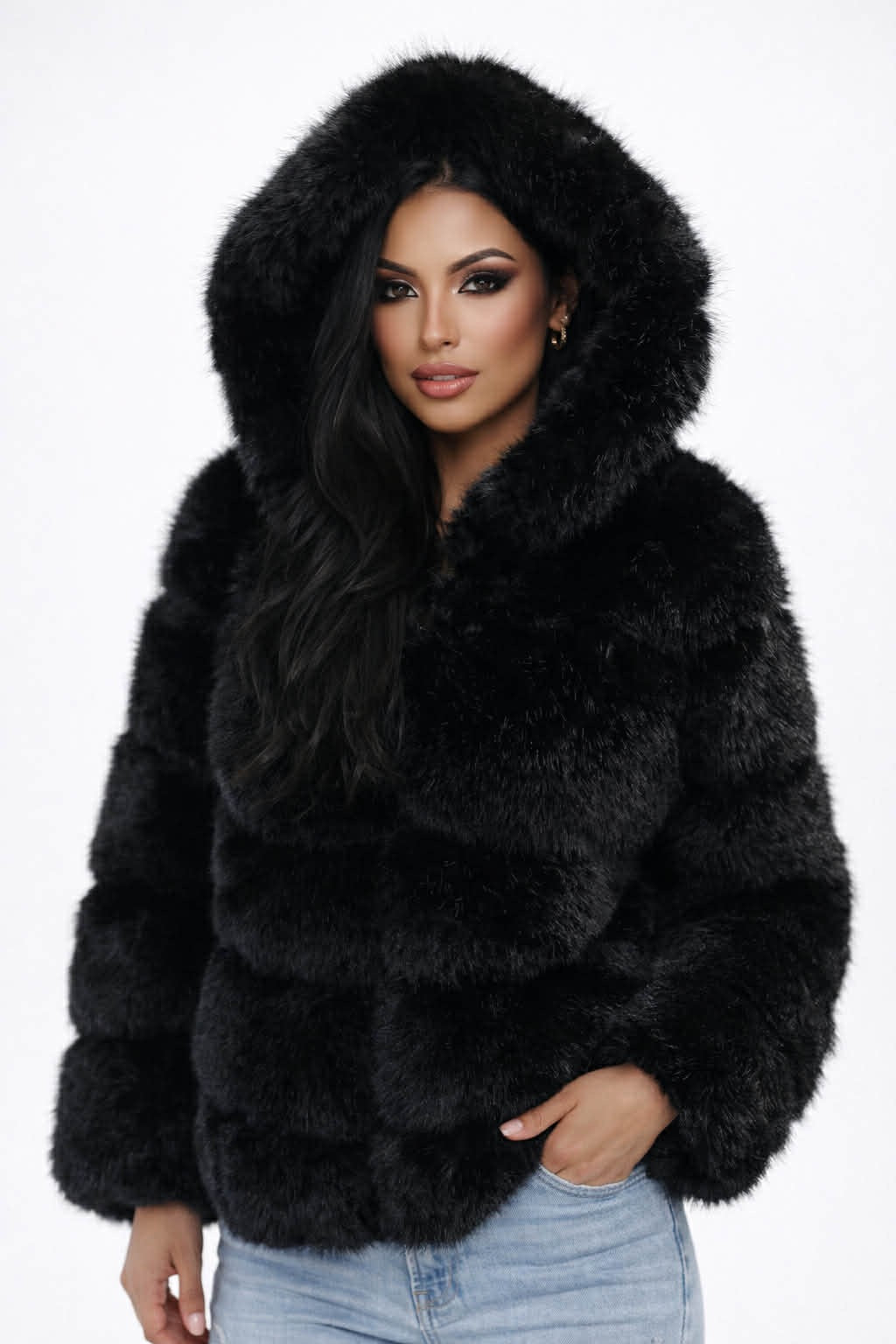 Black Faux Fur Hooded Jacket- XL