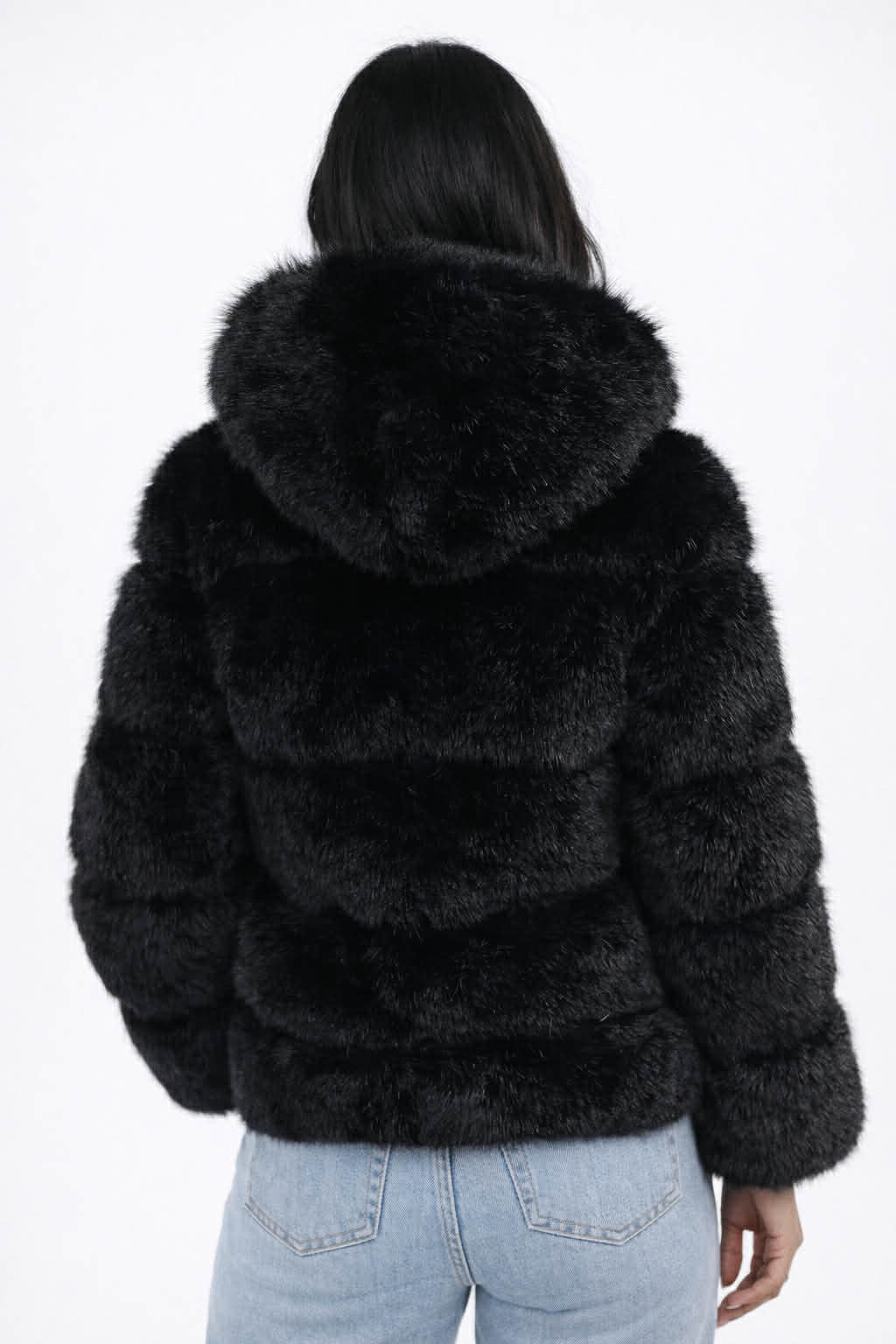 Black Faux Fur Hooded Jacket- XL