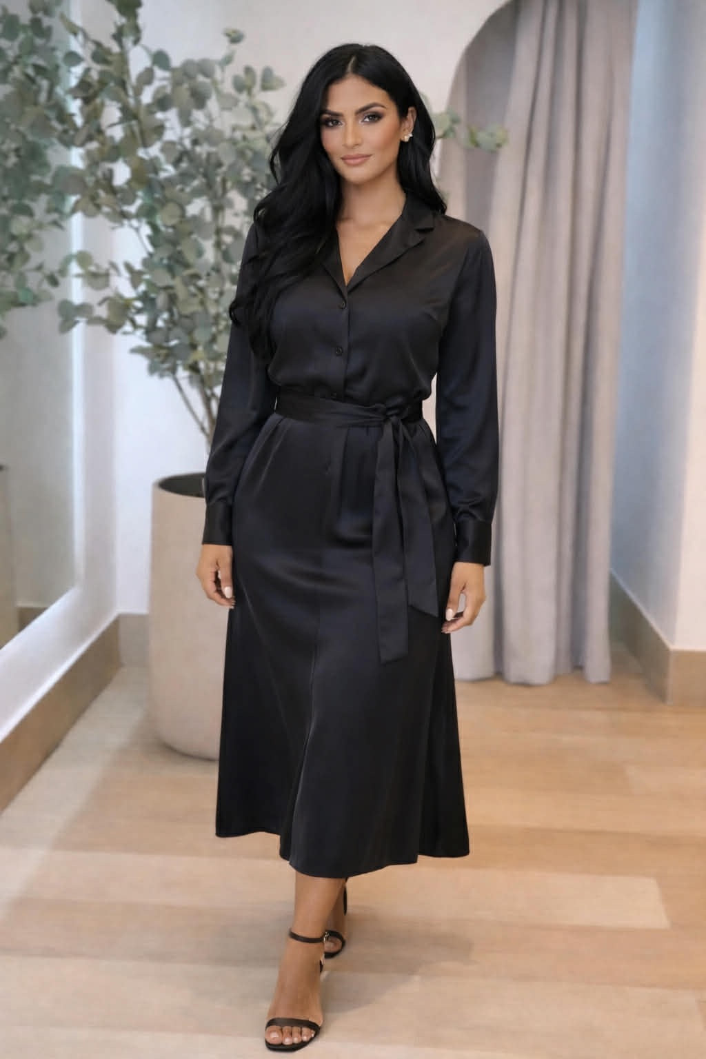 Midnight Satin Two-Piece Set (Blouse & Midi Skirt)