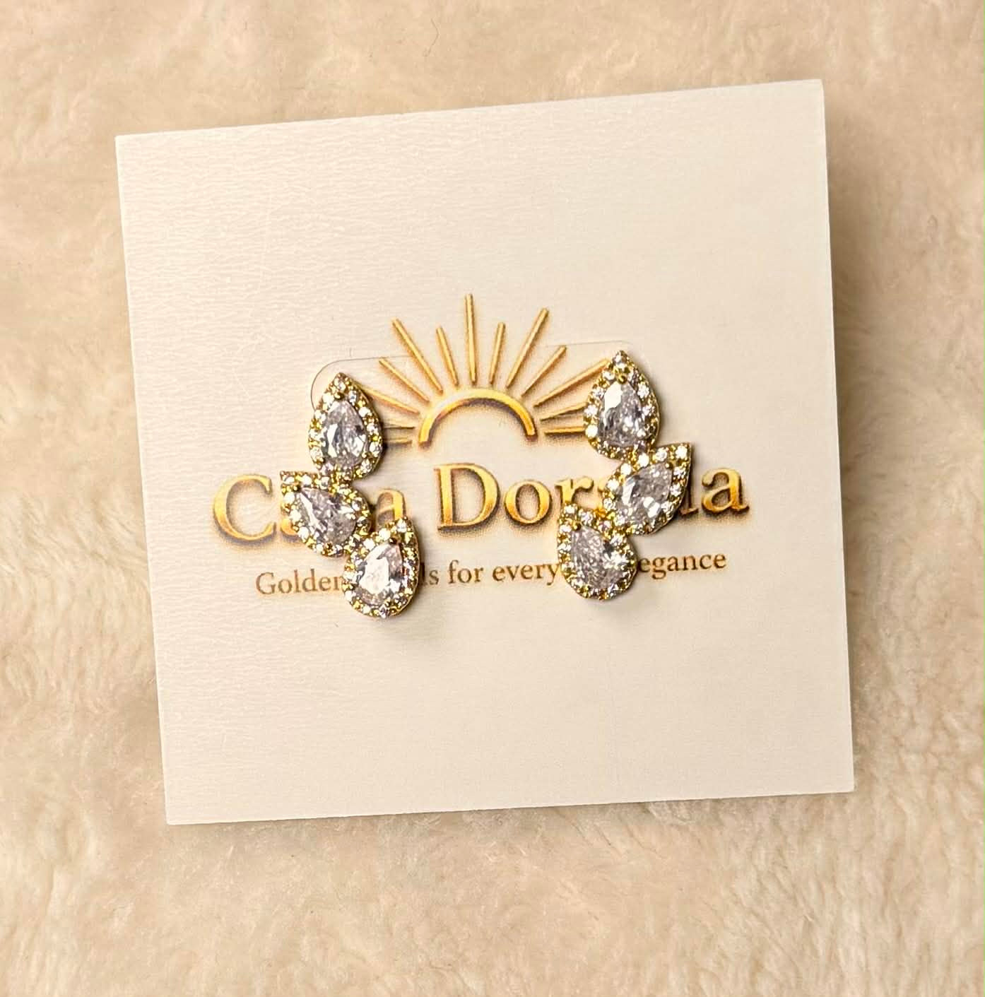 Gold Triple Teardrop Crystal Stud Earrings
