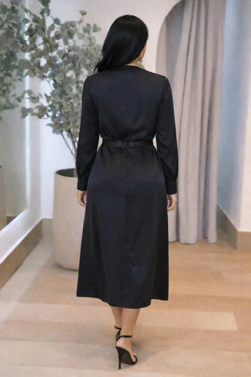 Midnight Satin Two-Piece Set (Blouse & Midi Skirt)