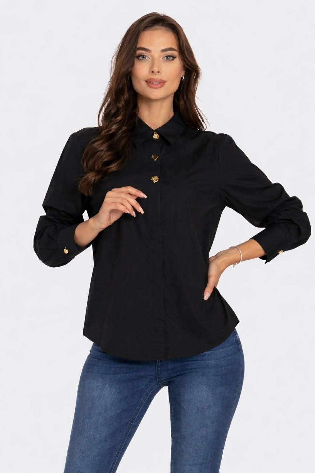 Elegant Gold Button Black Blouse