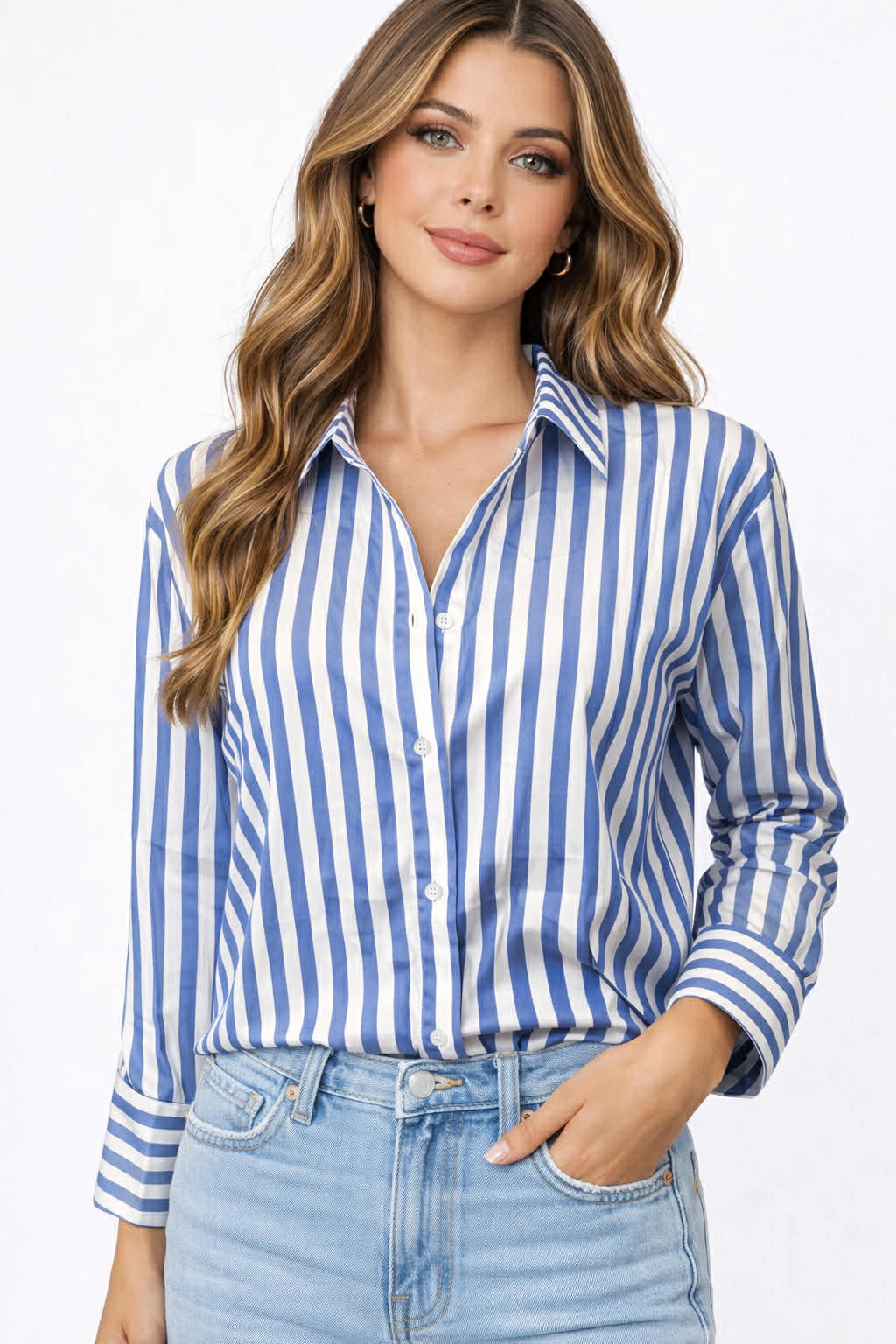 Blue & White Stripe Button-Up Blouse