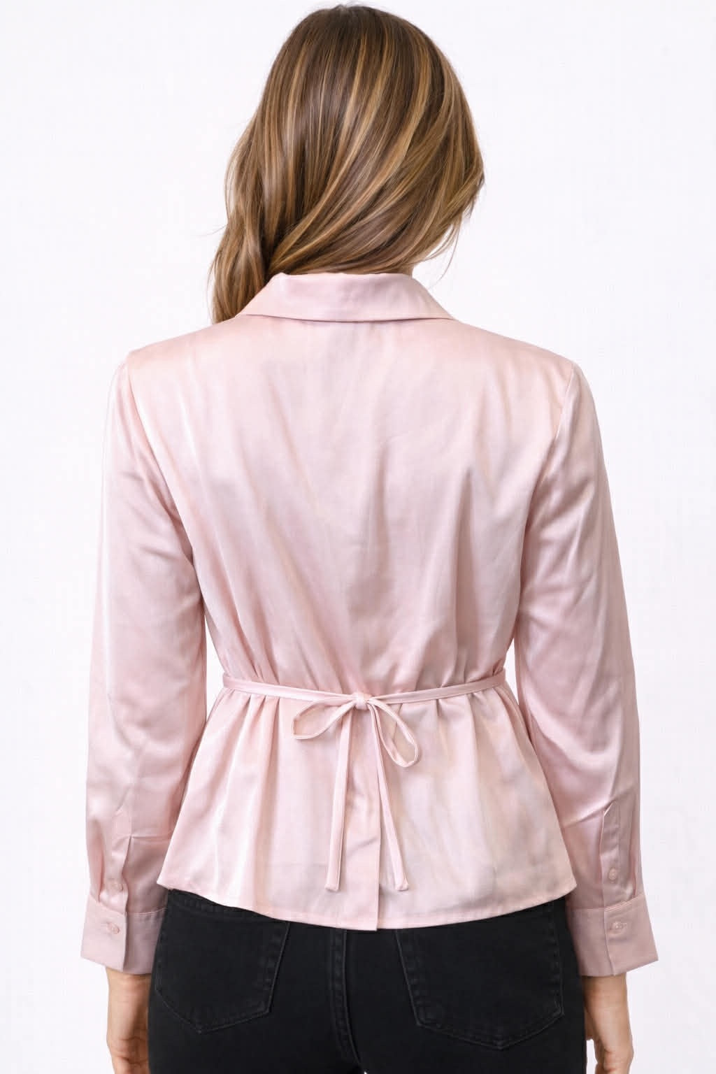 Satin Collard Tie-Waist Blouse